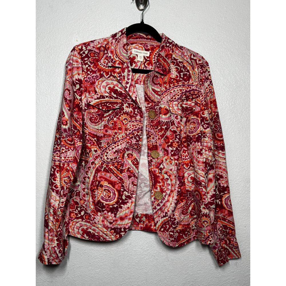 Coldwater Creek Jacket Red Orange Paisley Pocket Button-Up Long Sleeve Sz 12